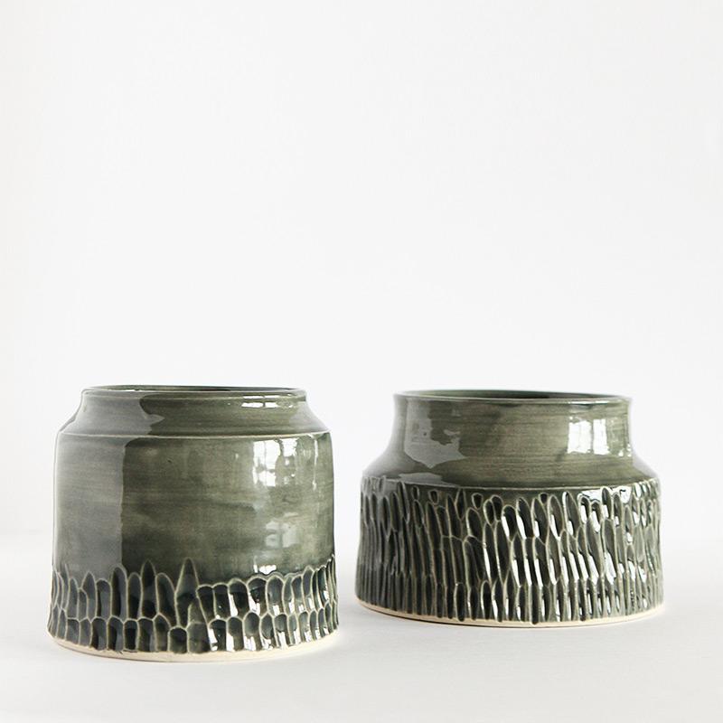 Gray carved cylinder vases