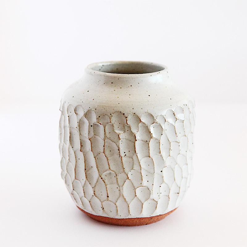 Carved speckeled matte white vase - reduction fired